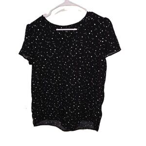 Hilary Radley Blouse Women's Black Size Small White Hearts Confetti Pattern